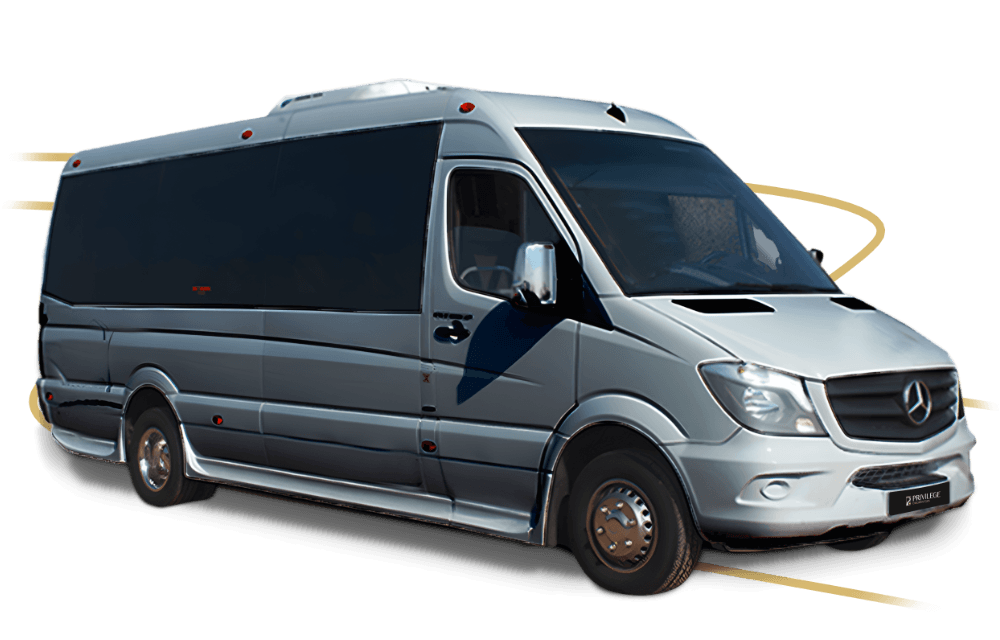 A silver Mercedes-Benz Mini Coach for up to 16 passengers