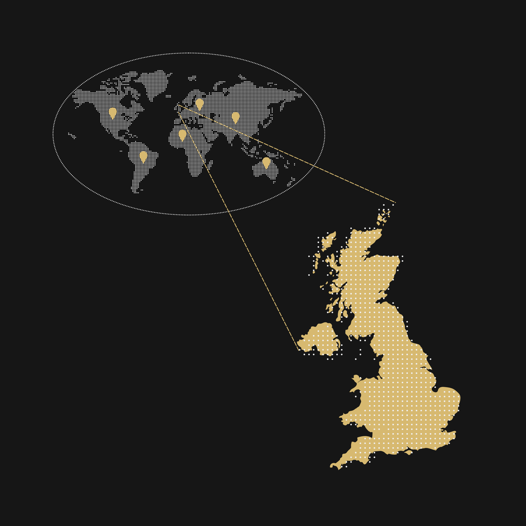 world map with uk highlighted and every major continent pinned