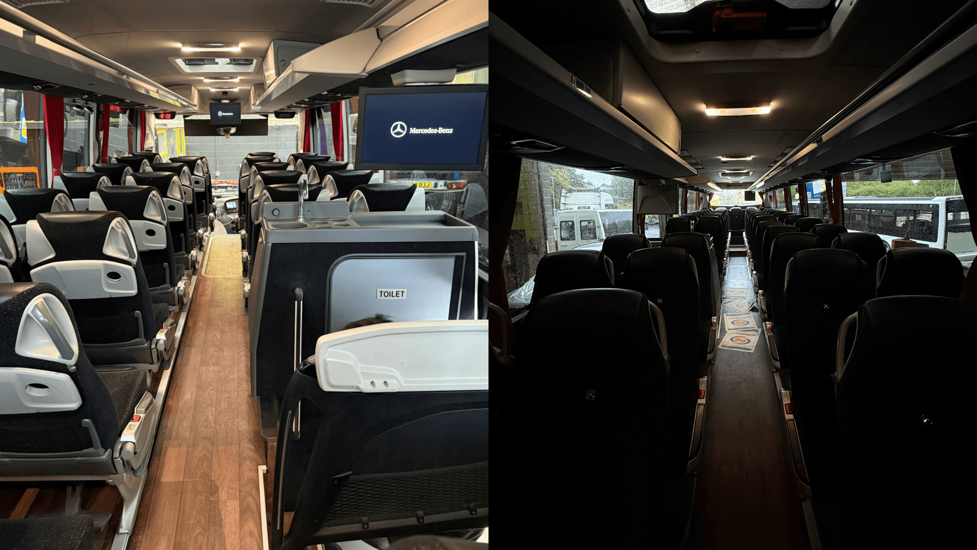 Interior shots of a luxurious Mercedes-Benz 70 seater coach.