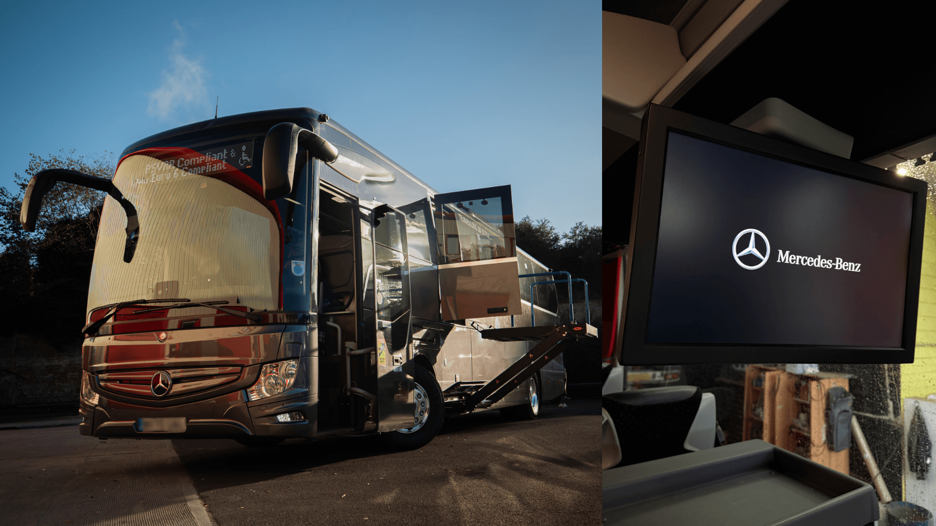 A 70 seater luxury coach with disabled access. Integrated tv screens onboard.